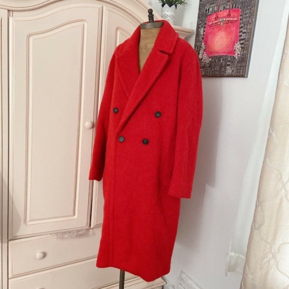 VINCE Double Breasted ALPACA-WOOL Long Coat, Red, Medium - Picture 6 of 6